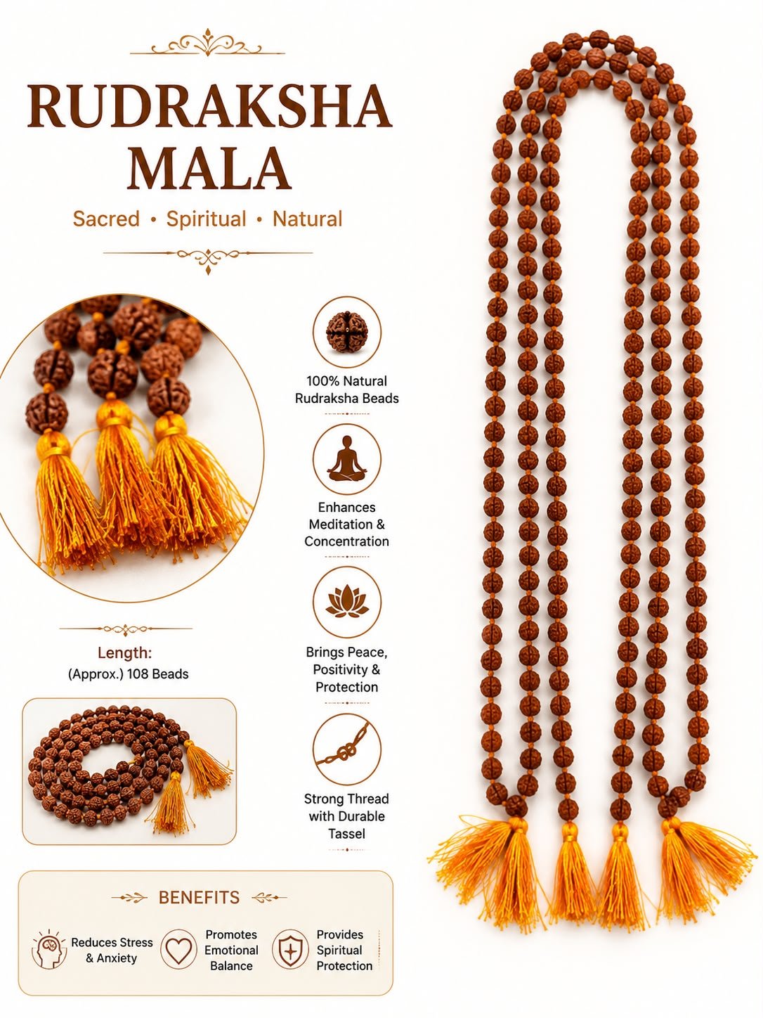 Natural Rudraksha Mala 108 Beads with Tassel | Spiritual Prayer & Meditation Mala in Bangladesh
