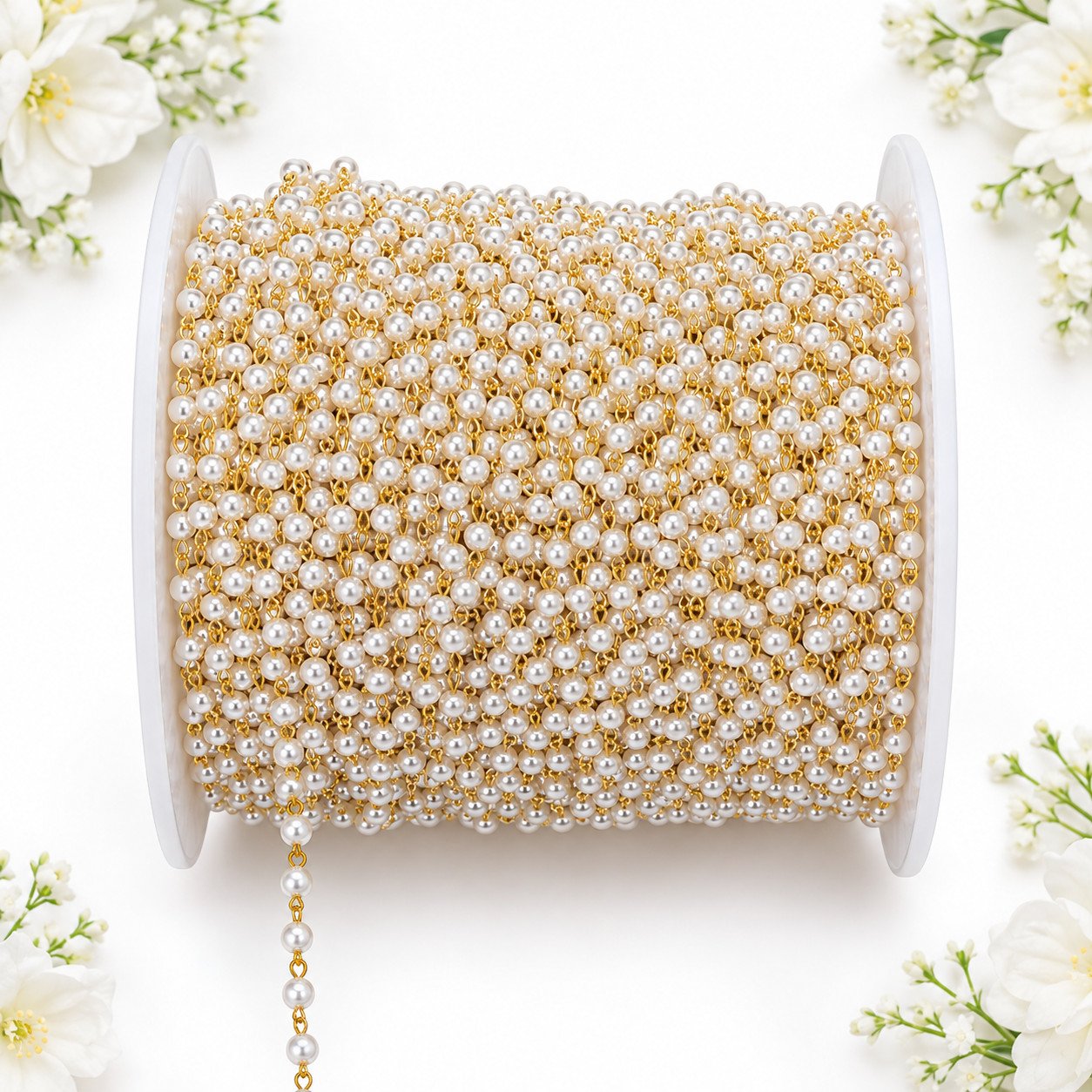 3mm Golden Pearl Chain for Jewelry Making | Gold Colour Pearl Bead Chain Made in China