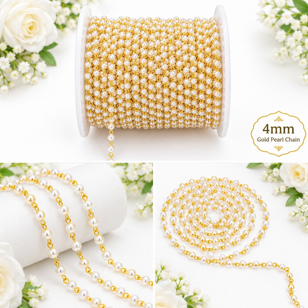 4mm Gold China Pearl Chain – Premium Pearl Bead Chain for Jewelry Making